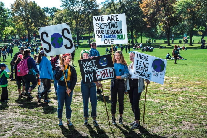 Vier junge Menschen stehen auf einer Wiese und halten Protestschilder mit Umweltbotschaften wie "SOS", "Don't break my earth", "We are skipping our lessons to teach you one" und "There is no earth upgrade". Im Hintergrund sind weitere Personen in einem Park zu sehen.